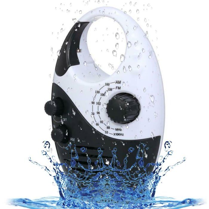 Radio Douche Étanche AM/FM – Haut-Parleur Intégré – Poignée – Volume Réglable – Noir/Blanc