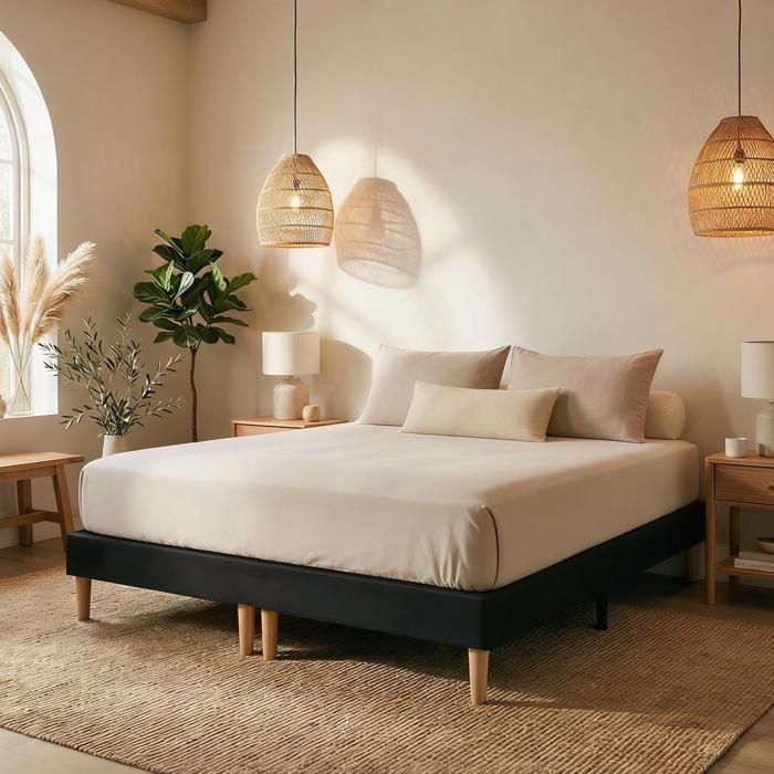 Sommier tapissier RENNES 180 x 200 cm structure en bois et revêtement en tissu noir cadre de lit avec pieds