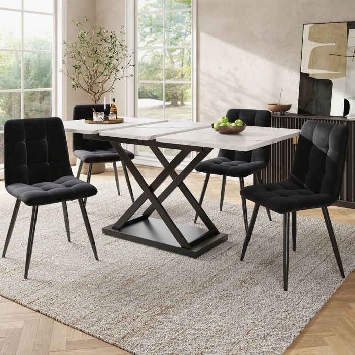 Ensemble Table et Chaises 160 x 80 x 75 cm 4 Chaises Table à Manger Extensible Velours Noir Effet Marbre Blanc