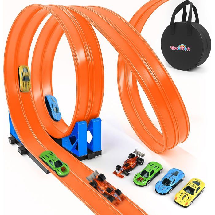 Circuit Voiture Enfant Dreamon 5 Mètres Flexible avec Petites Voitures et Sac de Rangement