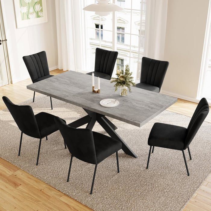 JIEXI Ensembles de salle à manger pour 4 à 6 personnes table à rallonges (table 130-170 cm + 6 chaises noires)