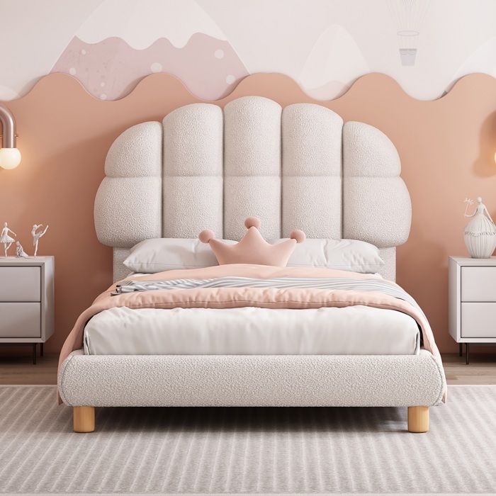 Lit simple 90x200 cm lit enfant lit ado lit capitonné blanc sommier à lattes en bois imitation polaire
