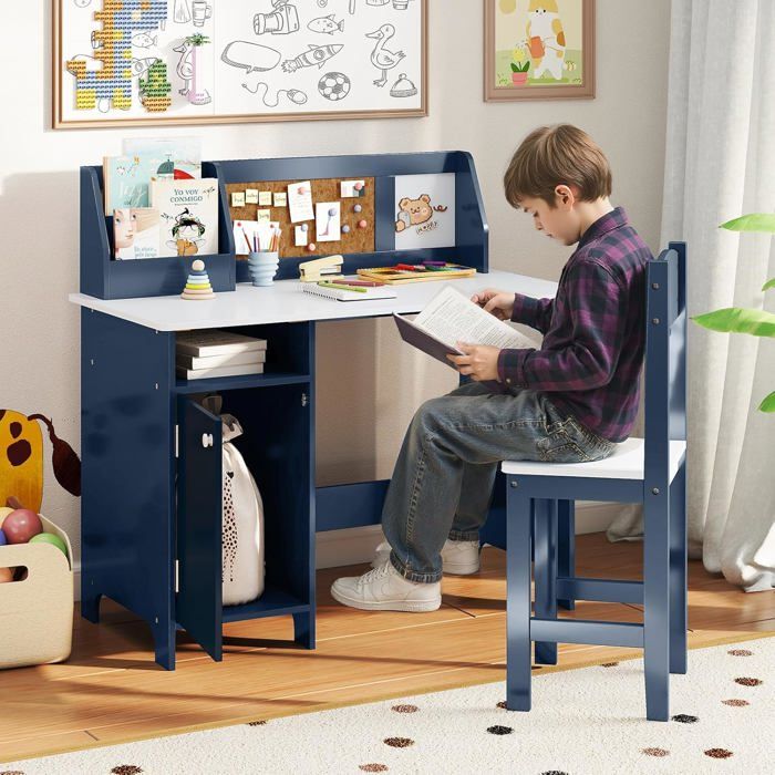GIANTEX Bureau Enfant avec Chaise-90x45x86CM-1 Armoire à Porte+Bibliothèque Dessus+Tableau dAffichage-Bleu