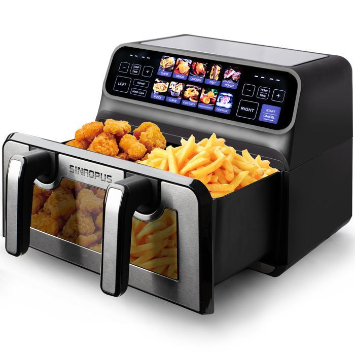 Friteuse sans Huile SINOPUS 12L - Double Panier Fenêtre Transparente Cuisson 360° 10 Programmes LED - Air Fryer Grande Capacité - Sinaopus