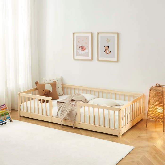 Lit enfant avec barrières EDEN pin massif 90x190 sommier inclus - Bois
