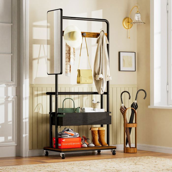 Porte-vêtements Solide BELLEMAVE - Porte-manteau Mobile à Roulettes - Panier+Miroir+Barre Suspension - 70×40×170 cm - Noir et Marron