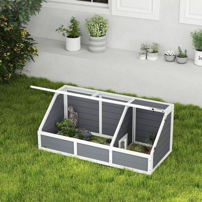 MOTHINESSTO3287-Maison enclos cage pour petit animal tortue en bois avec couvercle ouvrable loquets 2 espaces distincts gris