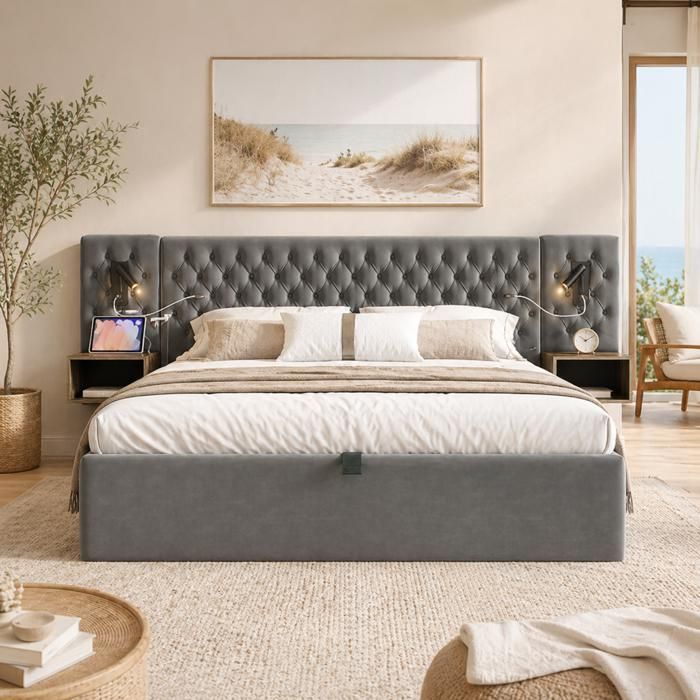 Lit coffre 160x200 cm avec 2 chevets lampes de lecture USB et Type-C tête de lit velours gris