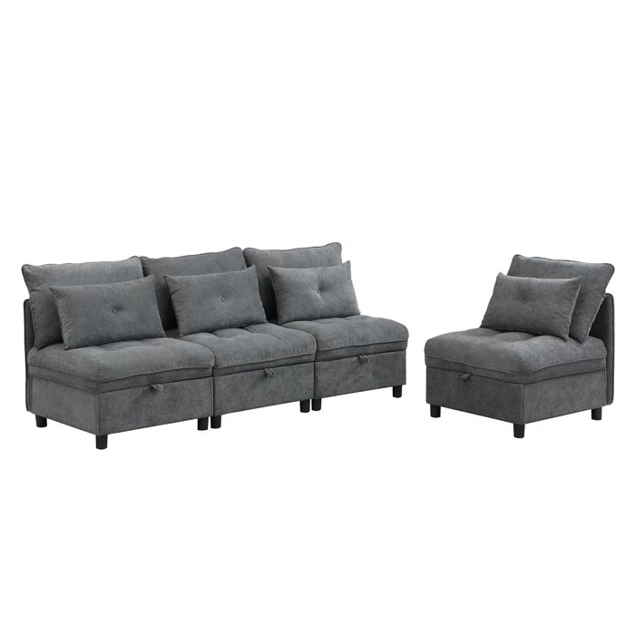 VLIVRA Canapé modulaire 4 places avec rangement caché et fonction couchage coussins de soutien en chenille gris antique