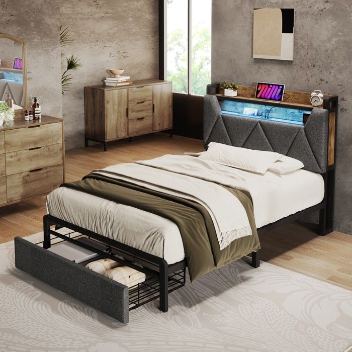 Lit - PAGE Living - 90x200 - Tête de lit rangement & recharge USB/Type‑C - LED intégrée tiroir amovible