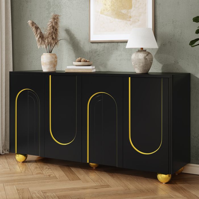 Buffet bas 140x40x74 cm-4 portes-motif arche à lignes dorées-pieds boule métal-MDF et panneaux de particules-Blanc