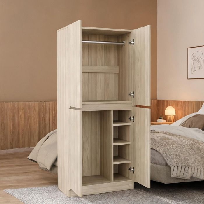 Armoire double porte vintage en bois clair naturel – Rangement spacieux et fonctionnel
