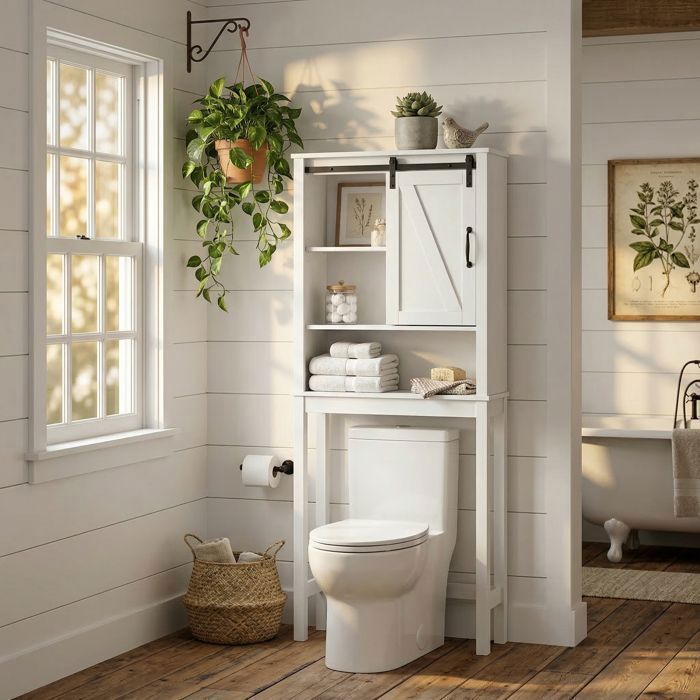 Meuble de rangement gain de place pour WC – Porte coulissante style grange étagères réglables – Blanc