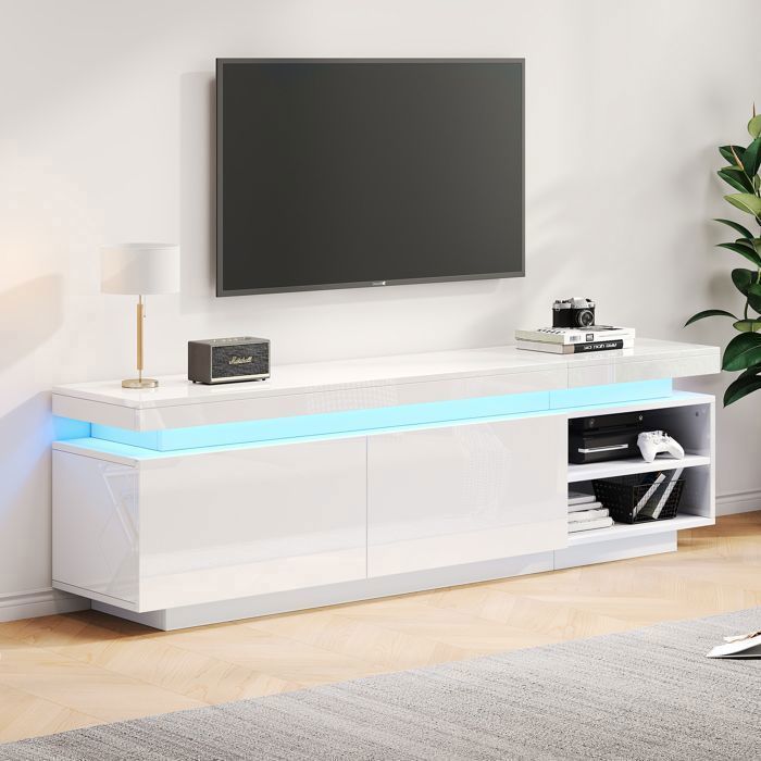 Meuble TV 170cm avec rangementblancLED 16 couleurs2 portes2 niches ouvertespour TV jusquà 70 poucesstyle industriel