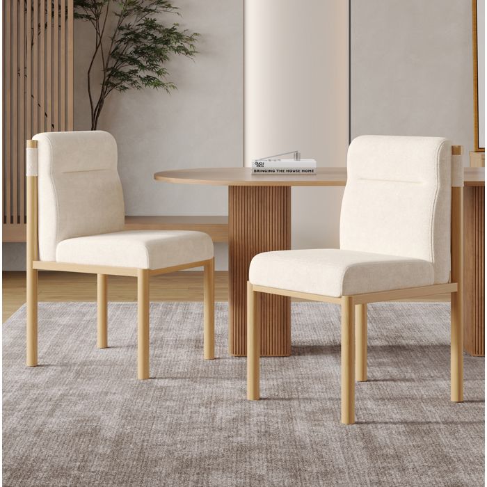 WOVREO Lot de 2 chaises de salle à manger beige en tissu sherpa assise rembourrée structure métal aspect chêne