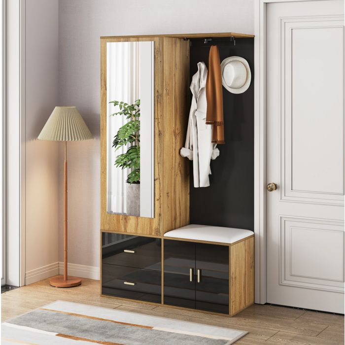 Vestiaire Dentrée Noir Et Bois Meuble Dentrée Avec Miroir FloraGrace Pour Entrée Avec Banc Et Rangement 100x38x180cm