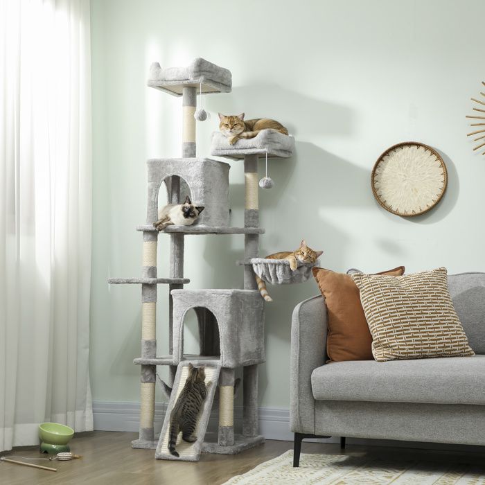 Arbre à chat - 48x40x177 cm - 2 maisons & 2 lits - Griffoir sisal - Sangle anti-basculement
