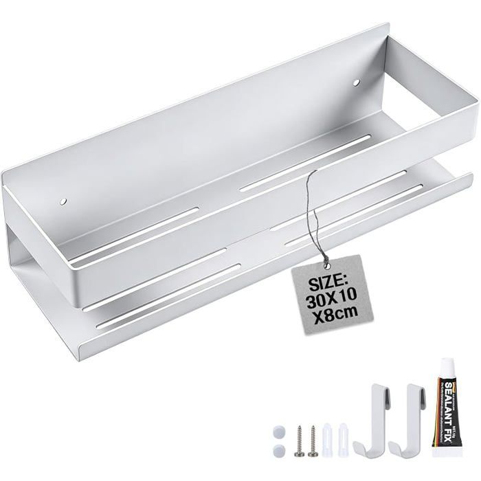 Étagère murale inox blanche 30cm deux crochets fixation sans perçage salle de bain