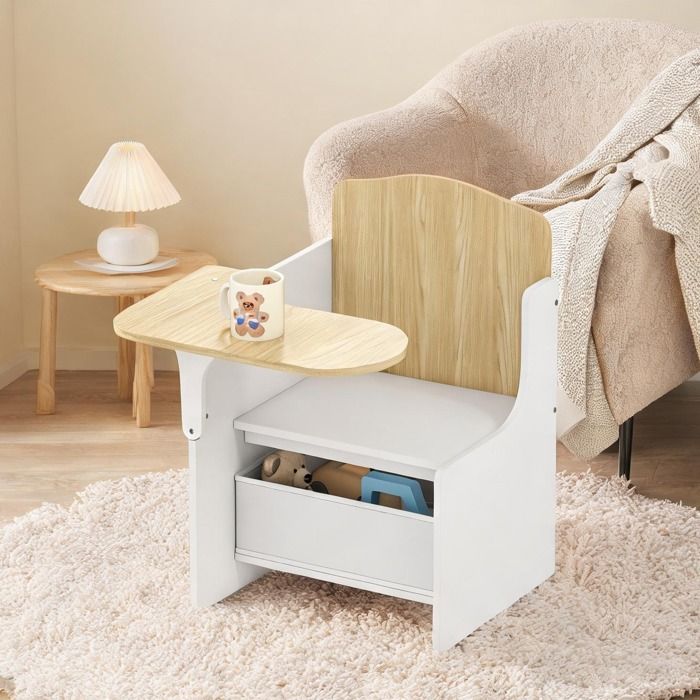 Ensemble bureau et chaise enfant MDF blanc avec rangement design 2-en-1 gain de place pour dessin et jeux idéal dès 3 ans