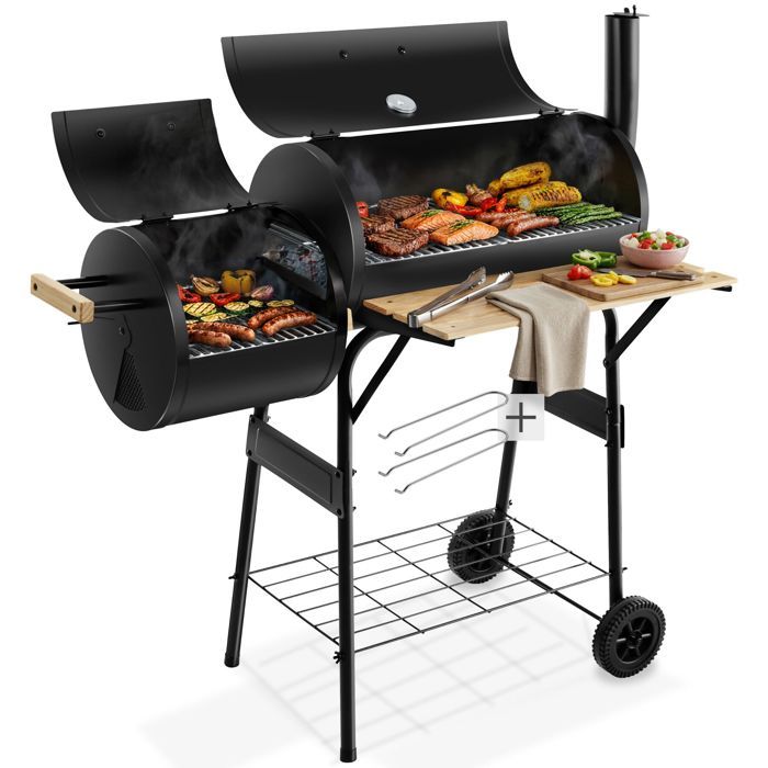 Barbecue - TECTAKE - barbecue au charbon de bois 2 en 1 2 compartiments avec thermomètre 2 roues 110 x 60 x 116 cm - Noir