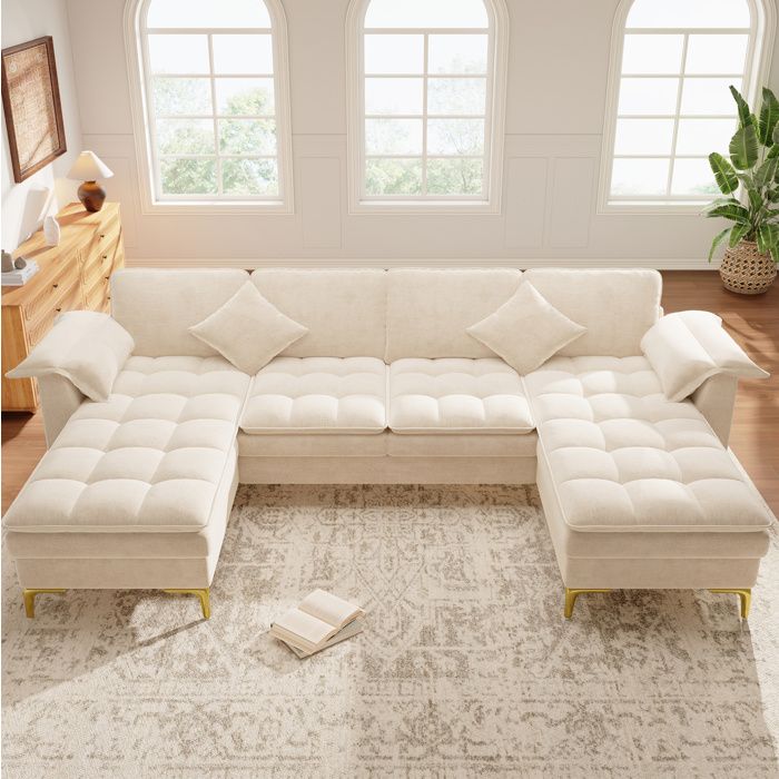 Canapé Panoramique en U 4 Places 2 Méridiennes et 2 Coussins - MEUNIQ - Pieds en Métal Doré Chenille Beige