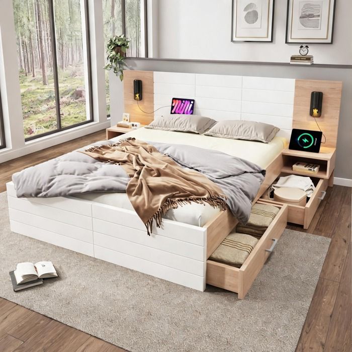 Cadre de lit double chambre adulte 160x200 cm en bois massif et MDF white-toned - White + Light Oak Solid Wood+MDF 235.0 x 207.0