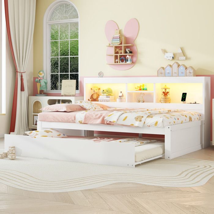 Lit gigogne enfant 90x200 cm – blanc – LED prises USB rangement latéral sans matelas