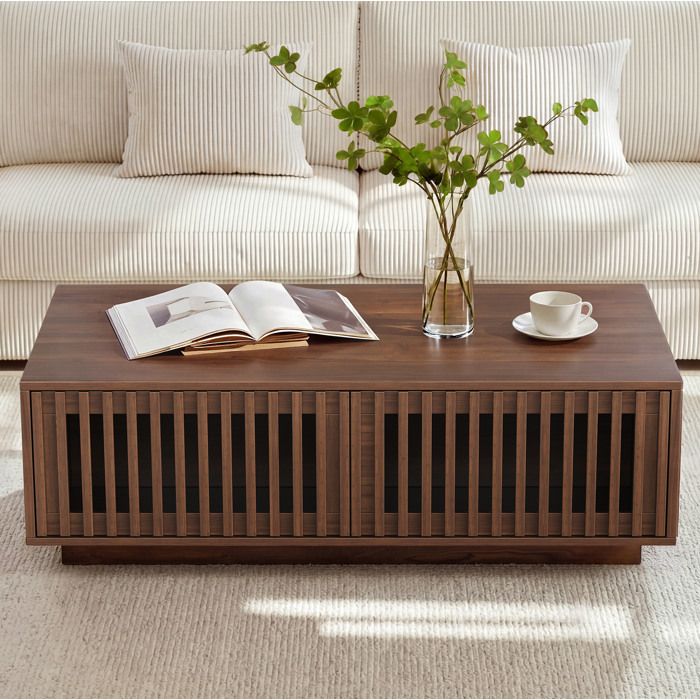 WOVREO Table basse rectangulaire 100 x 50 x 35 cm 2 portes rangement MDF et panneaux de particules coloris noyer