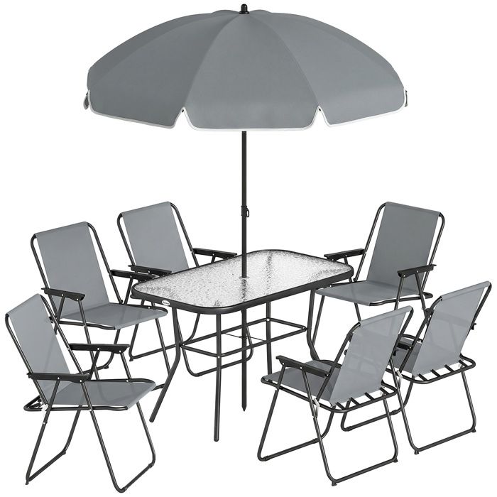 FSX Ensemble de jardin 8 pièces avec parasol 6 chaises pliantes et table dextérieur en verre trempé gris