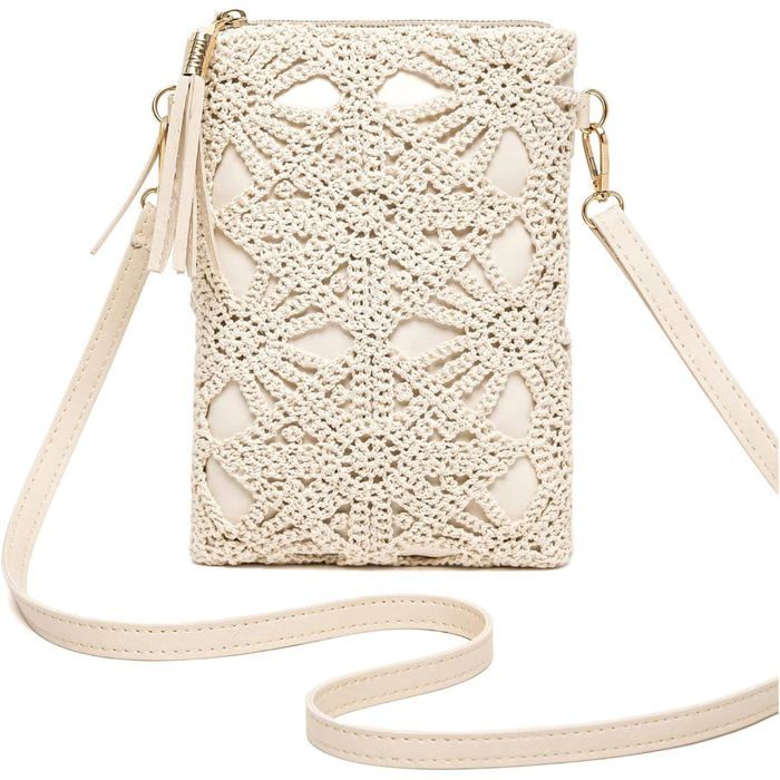Sac À Main Dentelle Blanc Cassé 15X20Cm Bandoulière Sac À Main Femme Cassé Bandoulière Réglable 15X20Cm.Pochette Légère Pour Télép