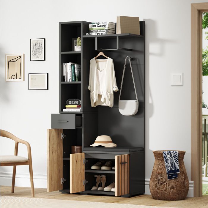 Meuble d’entrée AESVAR 80 x 35 x 175 cm vestiaire 7-en-1 noir et aspect bois avec banc à chaussures