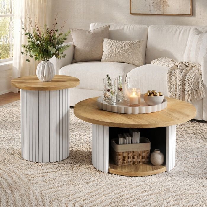 Table basse ronde double lot de 2 75 cm avec rangement ouvert MDF naturel style scandinave pour salon VEVXYN
