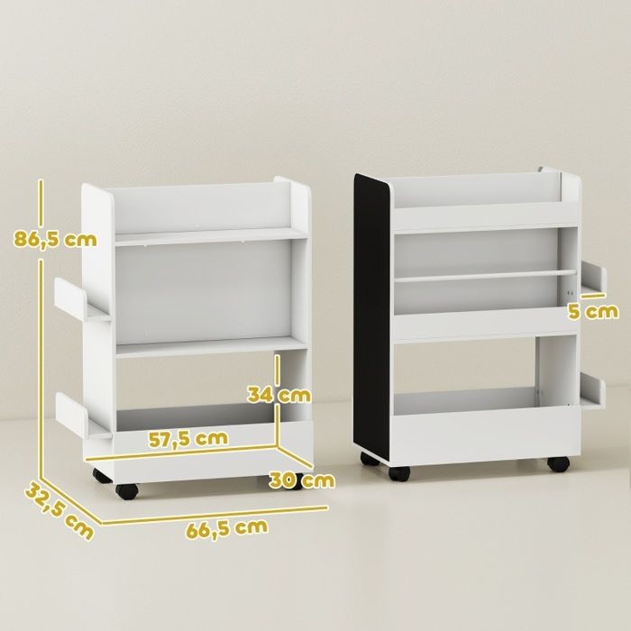 Bibliothèque enfant 4 étagères avec bac de rangement tableau noir et roulettes 86 5 cm blanc JOINERY