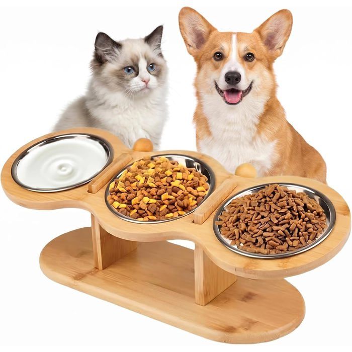 Gamelle surélevée pour chat 3 en 1 - Support en bambou réglable avec 3 bols en acier inoxydable - Confort ergonomique