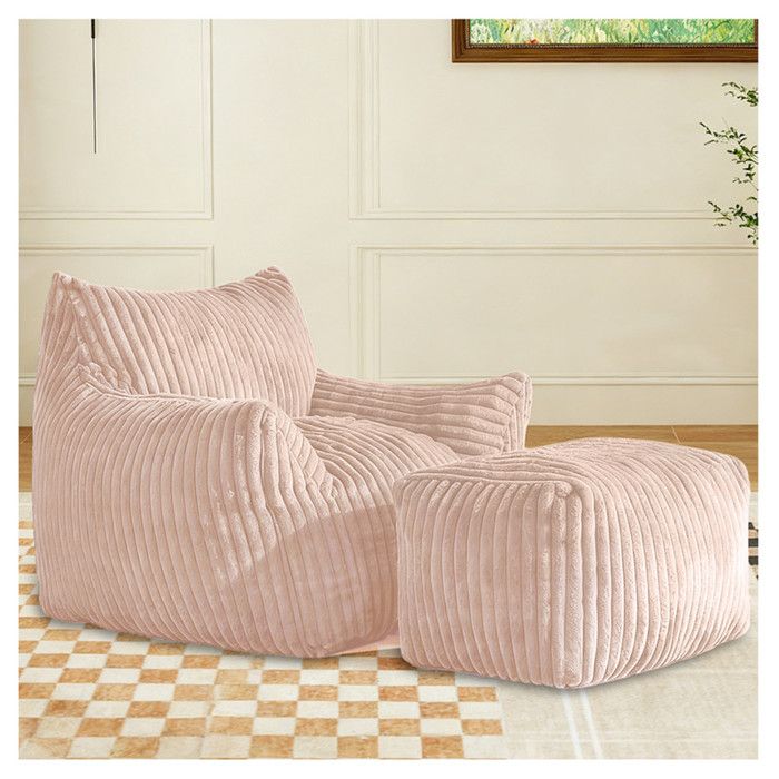 Pouf géant avec repose-pieds fauteuil ergonomique en flanelle. Canapé de sol compact et relax pour adulte pour le salon - Rose