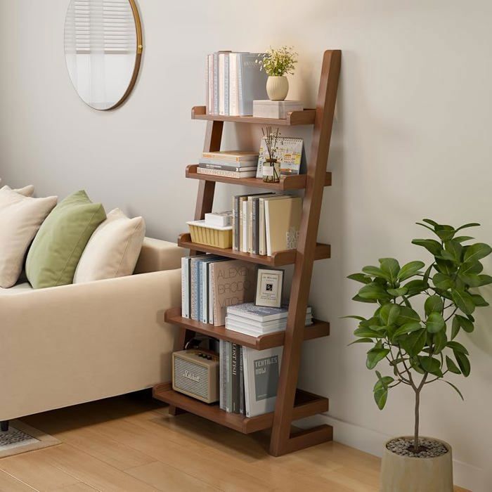 Étagère en Bois bibliothèque étagère autoportante étagère à DVD avec 5 Niveaux étagère de Bureau 27P x 60L x 173H cm (Noyer)