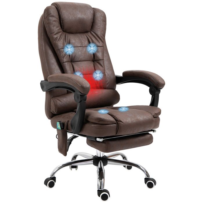 Fauteuil de bureau massant et chauffant hauteur réglable dossier inclinable toile de microfibre marron