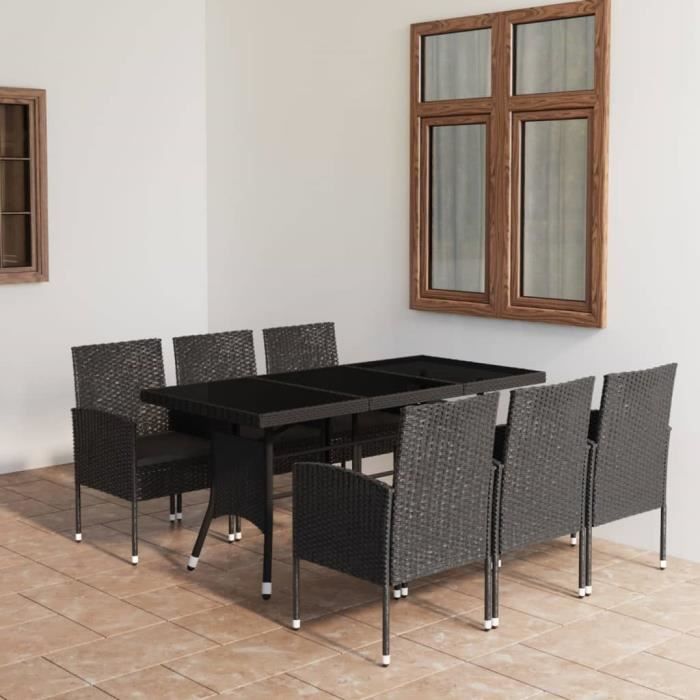 Ensemble Salon De Jardin 7 Pièces VidaXL – Table Verre + 6 Chaises Résine Tressée Avec Coussins – Gris, Acier, Pour Terrasse