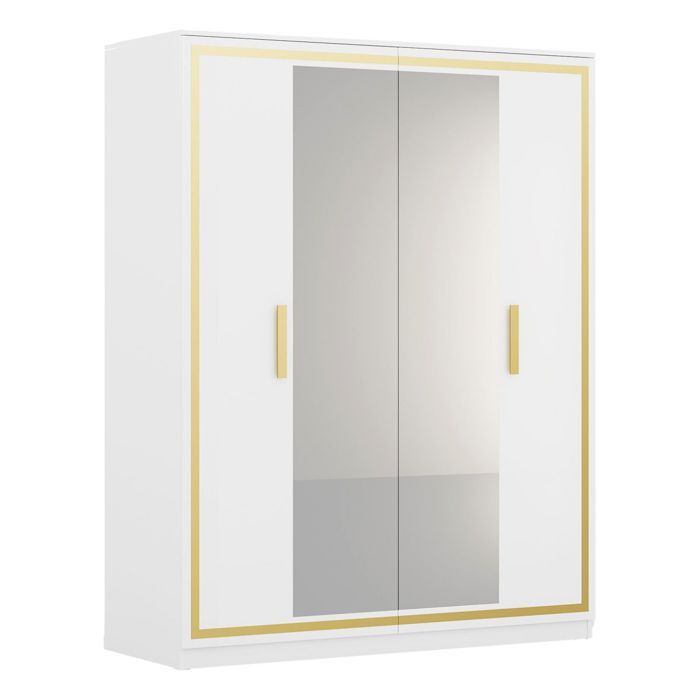 JEMMA - Armoire 4 Portes Laquée Blanc et Décor Doré avec Miroirs