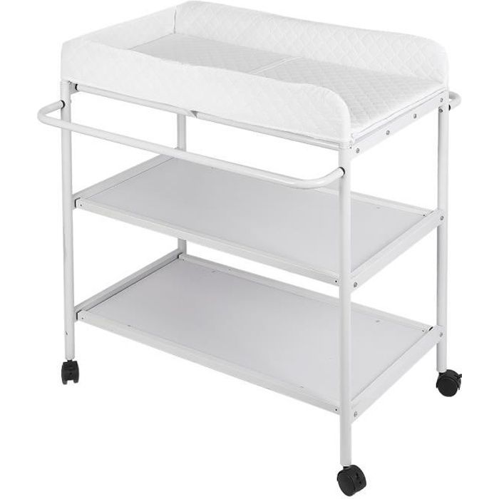 Yipeema Table A Langer Bebe A Roulettes En Bois Avec Pieds En Metal 2 Etageres Ouvertes Blanc Cdiscount Puericulture Eveil Bebe
