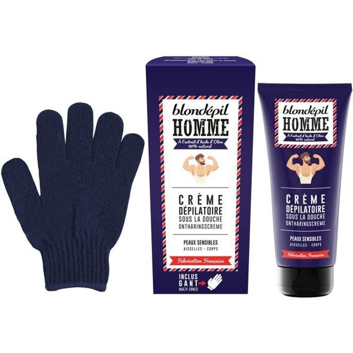 Crème dépilatoire homme - BLONDEPIL HOMME - Crème + gant gommant - Aisselles & corps - Peaux sensibles - 200 ml