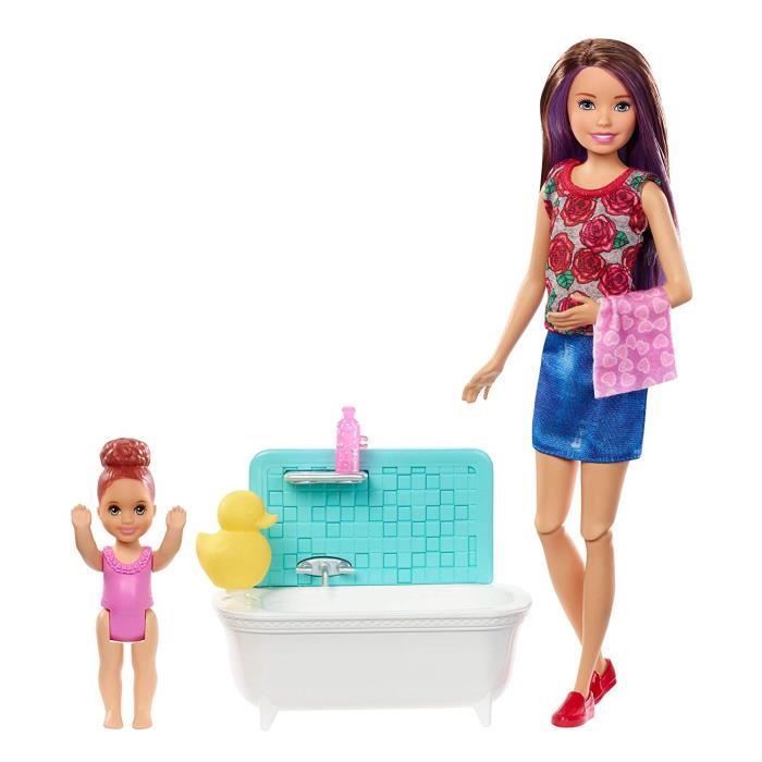 barbie famille coffret heure du bain poupée skipper baby-sitter aux cheveux châtains et figurine d'enfant, accessoires inclus, jo