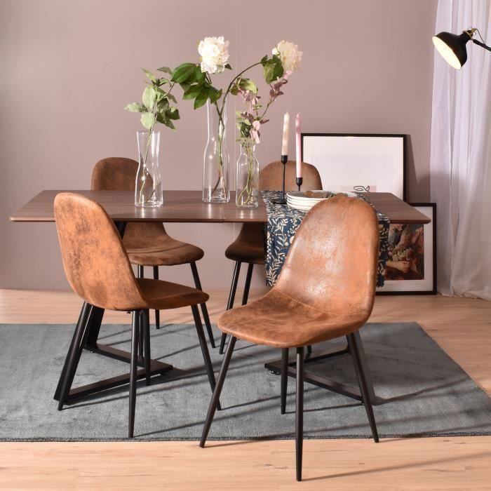 MEUBLES COSY Lot de 4 Chaises Scandinave Design Tissu en Daim Marron Pied Métal Noir Salle à manger Salon Bureau Chambre