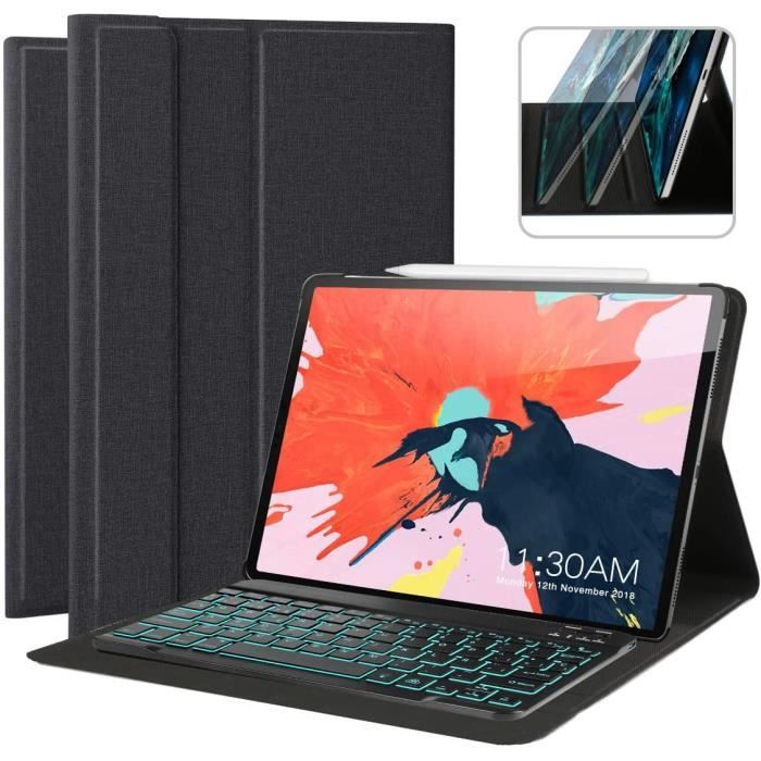 Eastcoo Clavier compatible avec iPad Pro 12,9 5ème génération 2021//4ème génération 2020 QWERTZ PU Folio Étui avec support amovible TouchPad 7 LED rétroéclairage clavier Bluetooth Gris