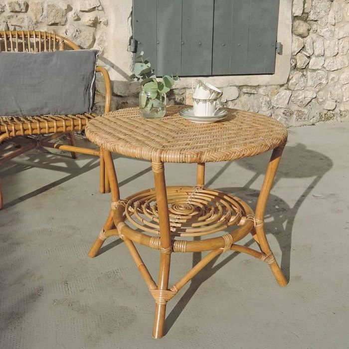 table basse guéridon en rotin - casatera - cabourg - vintage - bois foncé - diamètre 59 x hauteur 49 cm