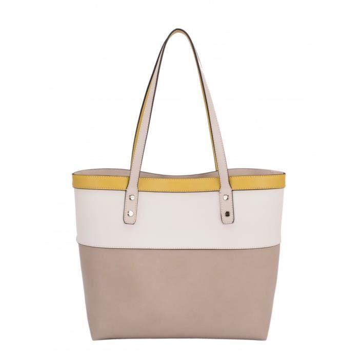 David Jones - Grand Sac Main Epaule Cabas Fourre-Tout Femme Cuir Multicolore - Shopping avec Pochette Voyage Capacité A4 - Beige