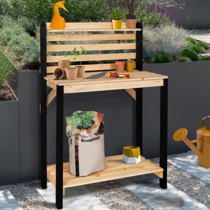 Table de rempotage jardinage - 2 étagères 3 crochets outils plateau tôle  acier galvanisé avec rebord - bois sapin pré-huilé