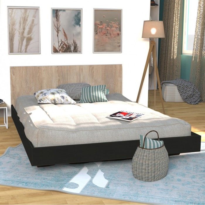 Lit LOFT 160x200 + 1 sommier + tête de lit / Décor Noir & chêne blanchi Lit LOFT 160x200 + 1 sommier + tête de lit / Décor Noir & chêne blanchi