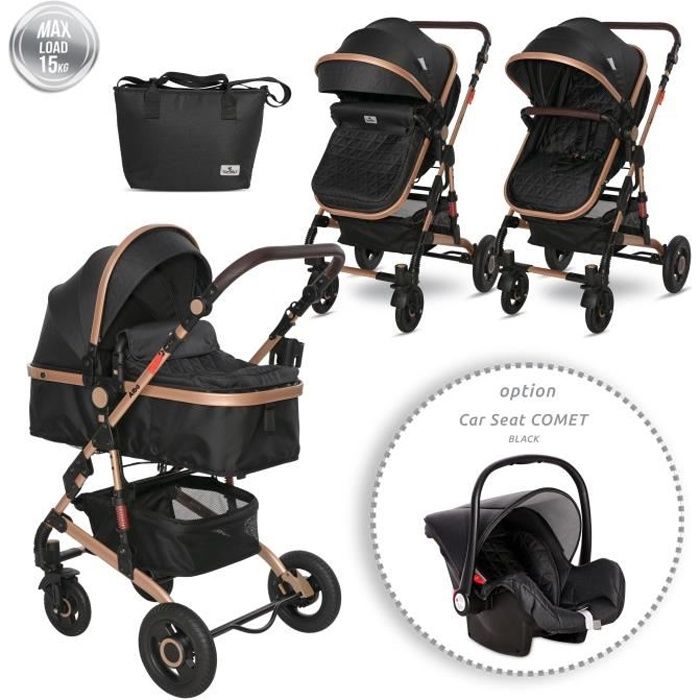 LORELLI Alba - Poussette 3en1 citadine compacte pliable - Avec nacelle, siège auto et sac à langer - Jusqu'à 15Kg - Noir