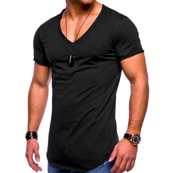 T shirt Homme col en v uni Tee shirt Hommes en coton Gris Noir